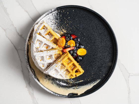 Pumpkin Waffles with Maple Custard and Kumquat-Berry Compote